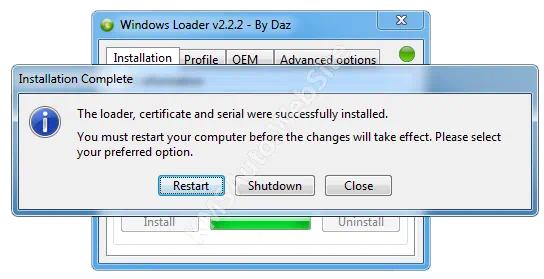 Успешная активация ОС в Windows 7 Loader