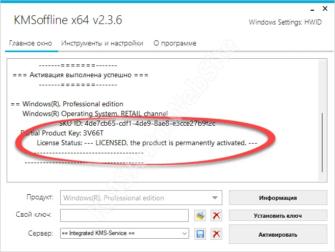 Успешная активация в KMSoffline